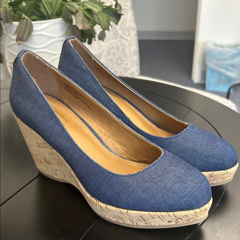 G.H. Bass & Co. Denim Blue Cork Wedge Pumps 6.5